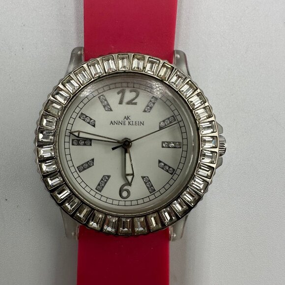 3/$30 Anne Klein Watch Women Silver Pink Band Round Dial Crystal Bezel 9" - Picture 1 of 15